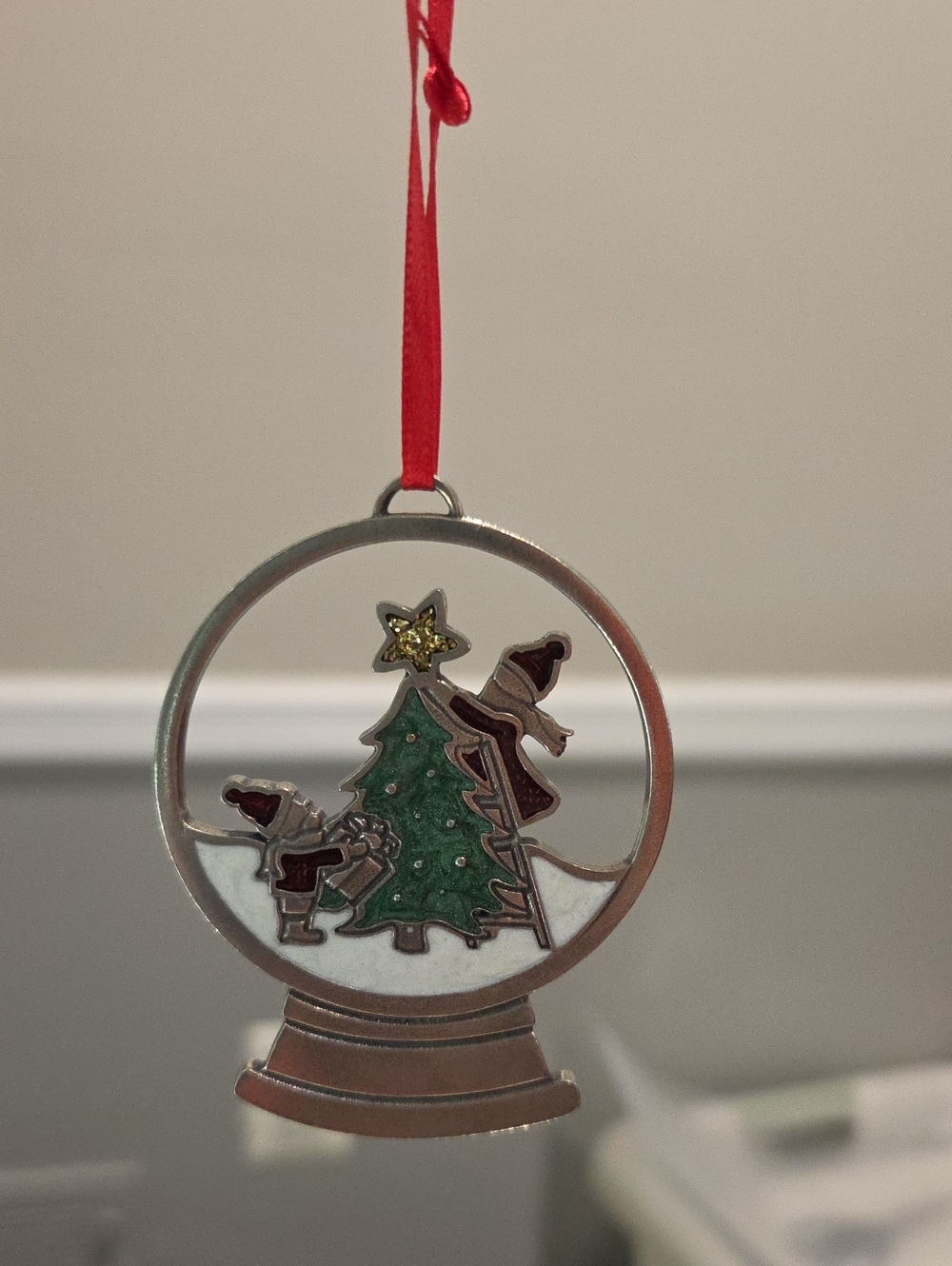Danforth Pewter Holiday Snow Globe Ornament with Green Christmas Tree
